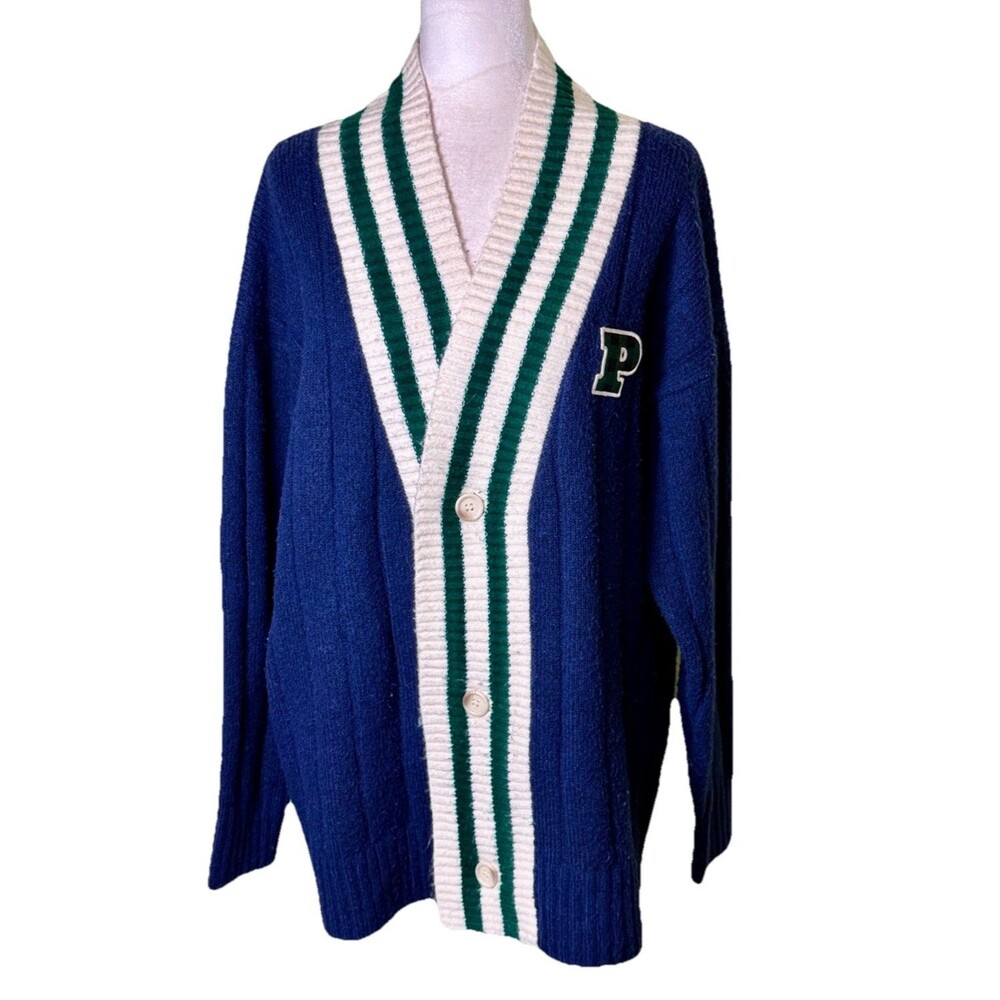 VS PINK Varsity Cardigan Collegiate CableKnit Oversized Ivy League Old Money Lg
